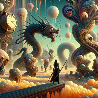 The primary subject of the image is a woman walking across a bridge, surrounded by a surreal and fantastical environment. The setting includes a clock, a dragon, and various other creatures and objects, creating a unique and imaginative scene. The visual style appears to be a combination of digital art and illustration, with a vibrant and colorful atmosphere. The dominant colors include shades of pink, orange, and yellow, which contribute to the overall mood of the image.